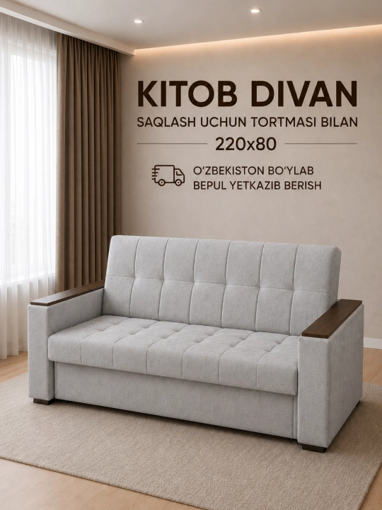 Kitob-divan, saqlash uchun tortmasi bilan, 220x80 sm, divan-krovat. Sandiq