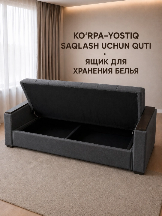 Kitob-divan, saqlash uchun tortmasi bilan, 220x80 sm, divan-krovat. Sandiq