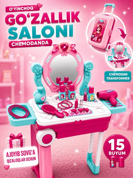 Bolalar uchun go‘zallik saloni o‘yinchoq to‘plami, kosmetika to‘plami, pardoz o‘yinchog‘i - 