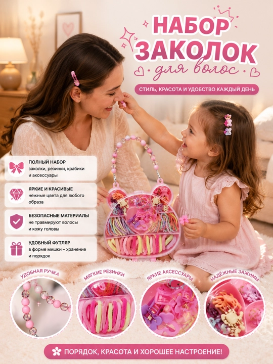 Набор заколок для девочек — резинки, зажимы и заколки для волос