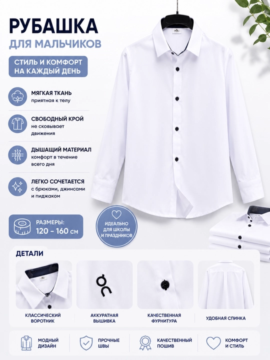 Рубашка для мальчиков, белая, классический стиль, 7–8–9 лет