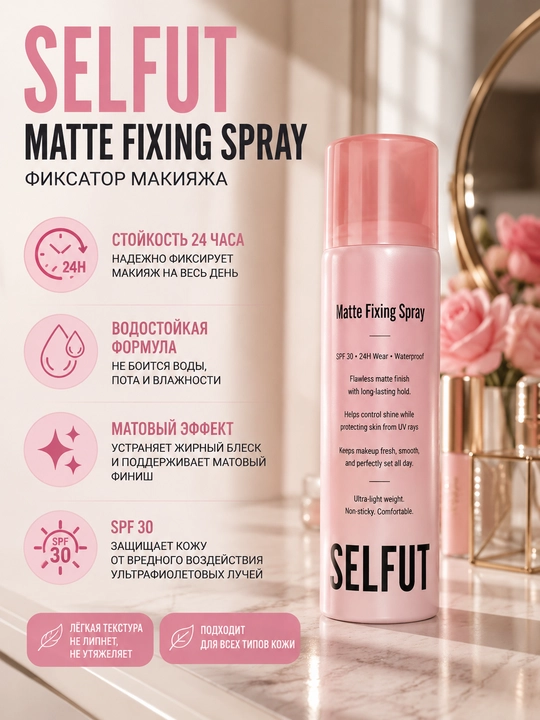 SELFUT Matte Fixing Spray — Фиксатор макияжа, матовый эффект, SPF 30, 150 мл