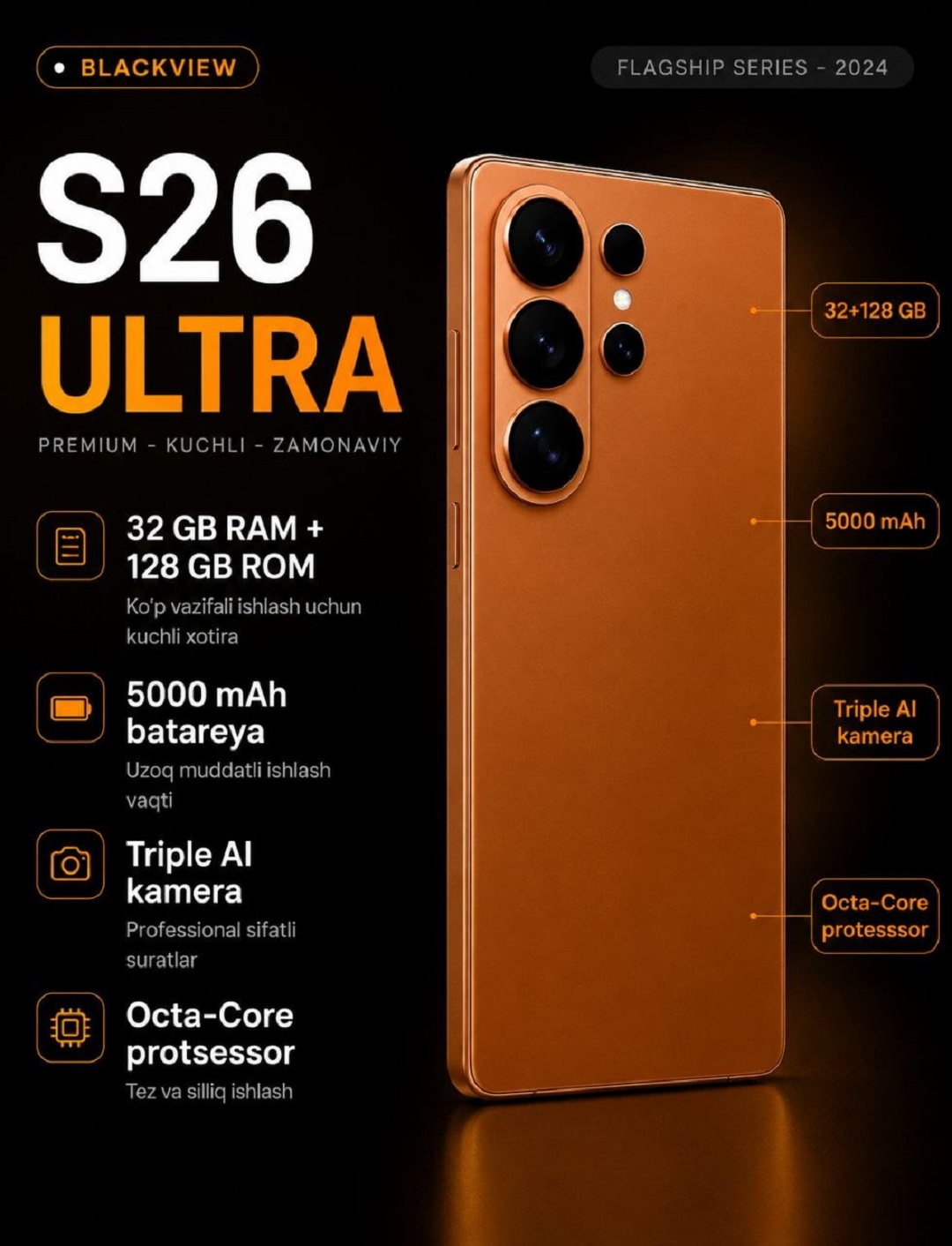 Smartfon S26 Ultra Wave 10 Ekran 120Hz 32GB Ram 128GB Rom Al kamera 32MP Batareya 5000mAh