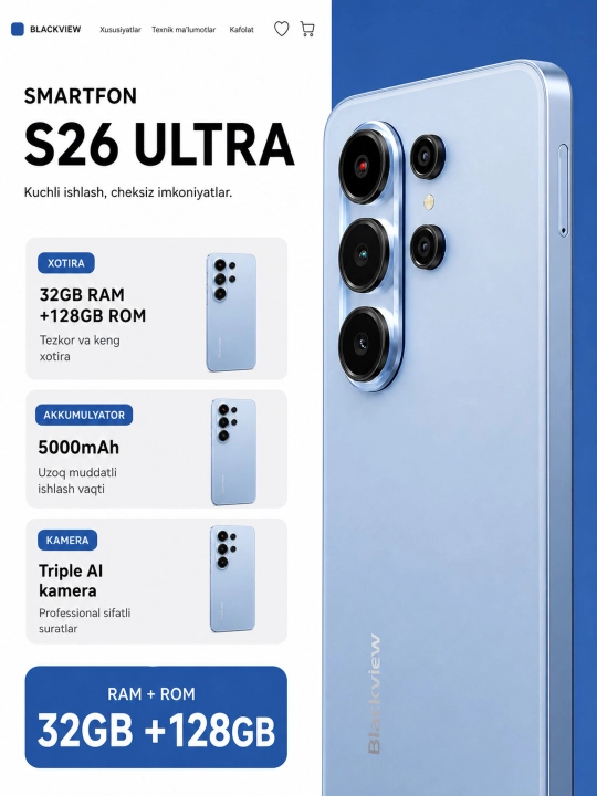 Смартфон S26 Ultra Wave 10 Экран 120Гц 32GB Ram 128GB Rom Al камера 32Мп Батарея 5000мАч - 
