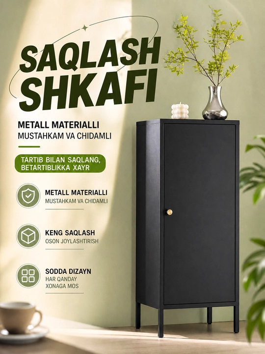 Universal metall shkaf, past bo‘yli saqlash shkafi, uy va ofis uchun