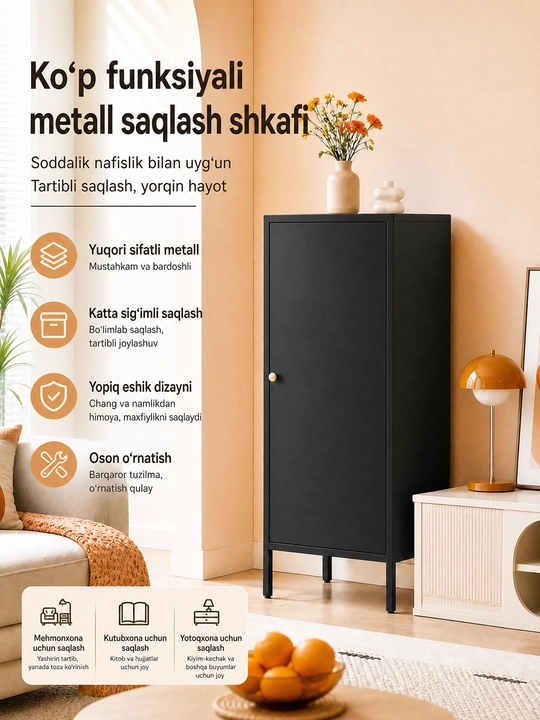 Universal metall shkaf, past bo‘yli saqlash shkafi, uy va ofis uchun