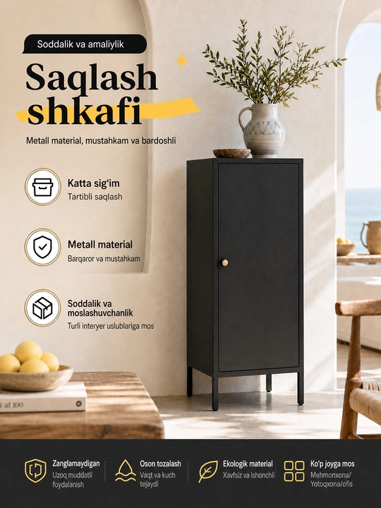 Universal metall shkaf, past bo‘yli saqlash shkafi, uy va ofis uchun