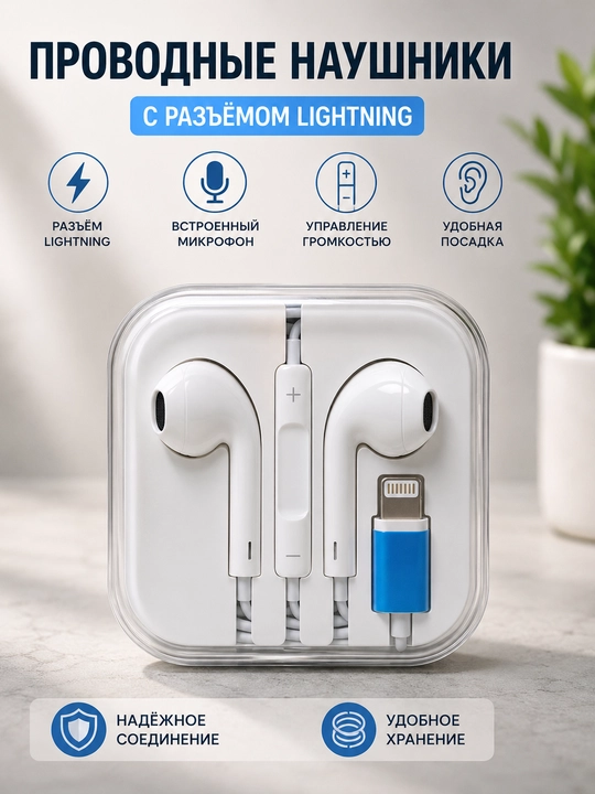 Проводные наушники с разъёмом Lightning, белые, с микрофоном и пультом управления - 