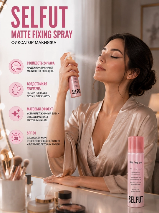 SELFUT Matte Fixing Spray — Фиксатор макияжа, матовый эффект, SPF 30, 150 мл