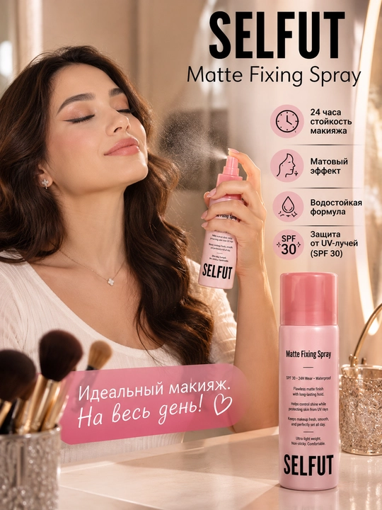 SELFUT Matte Fixing Spray — Фиксатор макияжа, матовый эффект, SPF 30, 150 мл