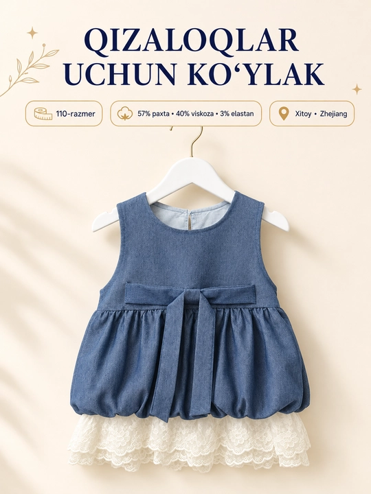 Qizlar uchun bantli, pufak etakli va ajur to‘rli ko‘k ko‘ylak - 