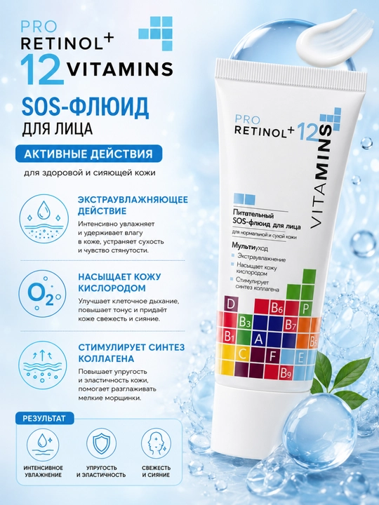 SOS-флюид для лица Pro Retinol + 12 Vitamins, для сухой и нормальной кожи, Модум, 50 г