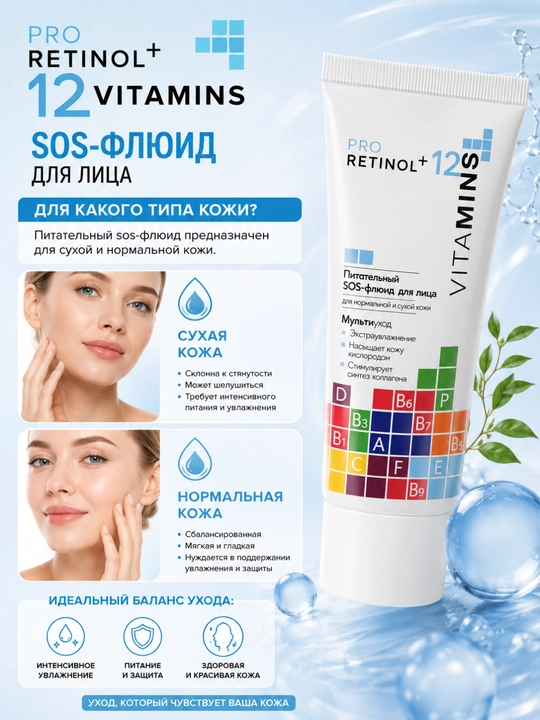 SOS-флюид для лица Pro Retinol + 12 Vitamins, для сухой и нормальной кожи, Модум, 50 г