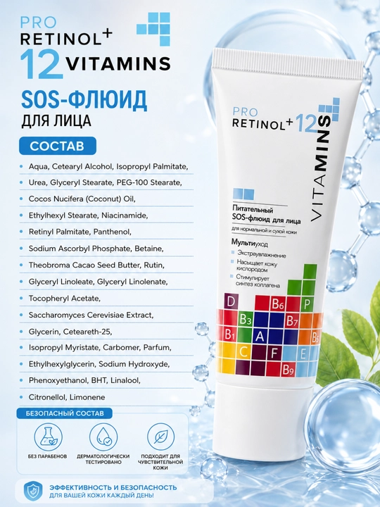 SOS-флюид для лица Pro Retinol + 12 Vitamins, для сухой и нормальной кожи, Модум, 50 г