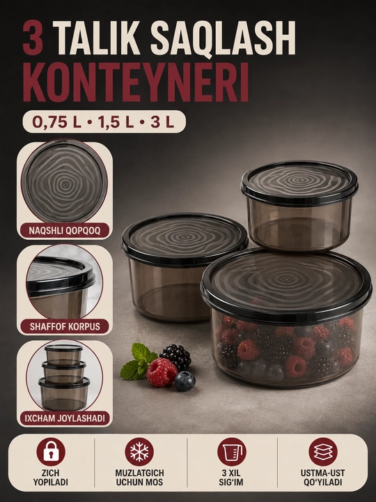 Qopqoqli plastik oziq-ovqat saqlash idishlari va konteynerlar to‘plami - 