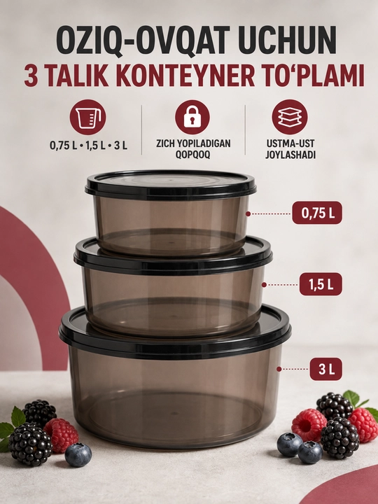 Qopqoqli plastik oziq-ovqat saqlash idishlari va konteynerlar to‘plami