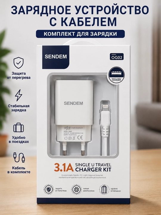 Сетевое зарядное устройство с кабелем, комплект для зарядки смартфона - 