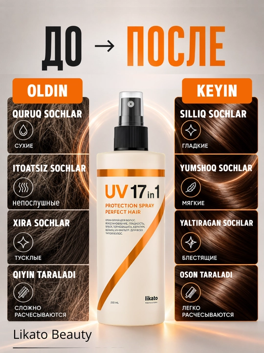 Soch uchun sprey Likato, sochga sprey termo zashita, soch parvarishi, 17 tasi 1 da, 250 ml