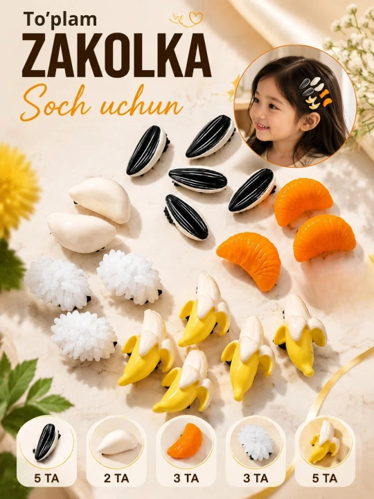 Mini soch qisqichlari to'plami banan, kungaboqar, sarimsoq, chig'anoq shaklli zakolka - 