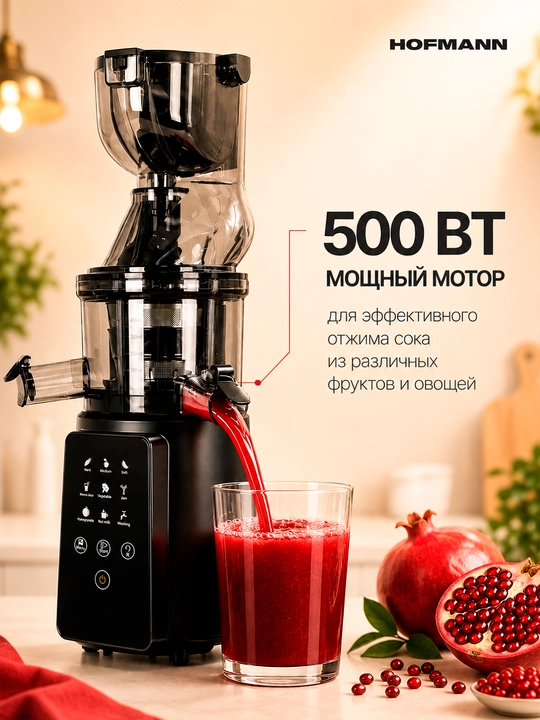 Шнековая соковыжималка Hofmann, 400–500 Вт, сенсорное управление, 2 насадки