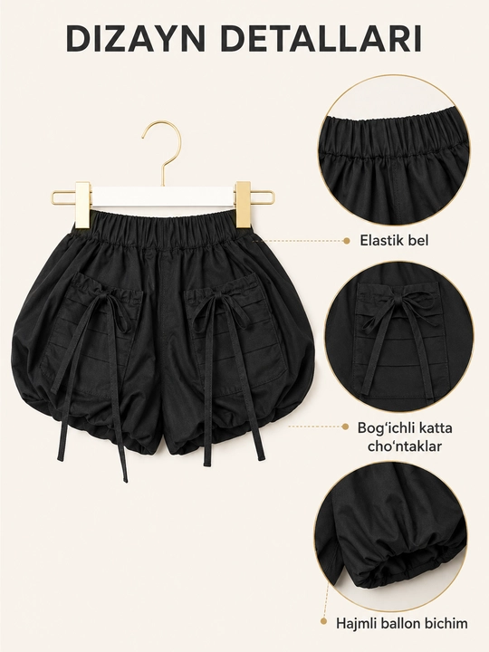 Qizlar uchun bog‘ichli cho‘ntakli qora ballon-shortik - 