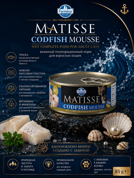 Farmina Matisse sichqonchasi kattalar mushuk pate cod bilan, 85 gr - 