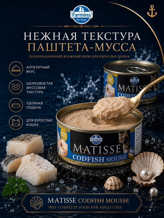 Farmina Matisse sichqonchasi kattalar mushuk pate cod bilan, 85 gr