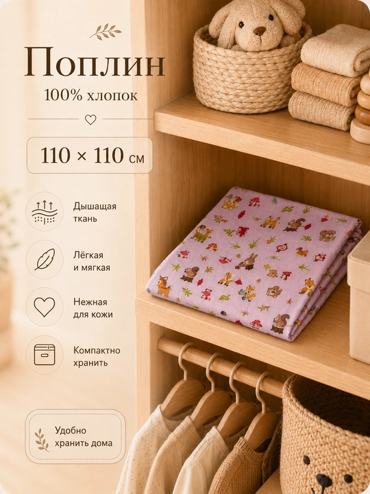 Пелёнка для новорождённых, детская пелёнка, поплин, 100% хлопок, 110×110 см