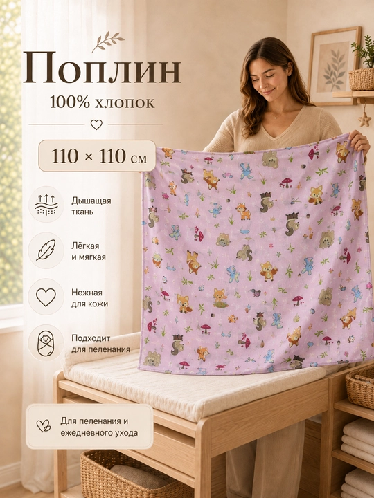 Пелёнка для новорождённых, детская пелёнка, поплин, 100% хлопок, 110×110 см