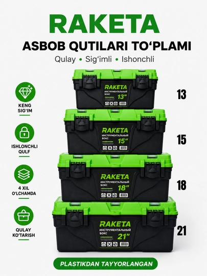 Raketa asboblar qutisi mustahkam plastikdan yasalgan, qulfli - 13/15/18/21 dyuym - 