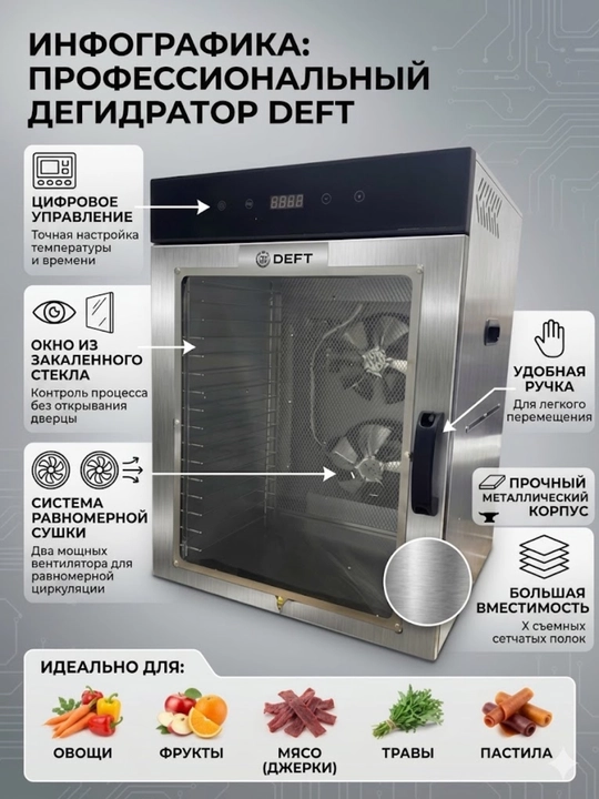 Deft DTFD-1016S 16 patnisli gorizontal puflash funksiyasiga ega meva va sabzavot quritgich
