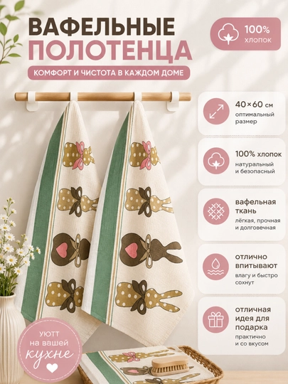 Vafelli salfetkalar, 4 tasi 6 da dona, 100% paxta, suvni yaxshi shimadi, qayta ishlatiladi - 