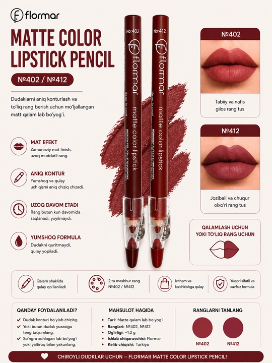 Flormar Matte Color lab bo‘yog‘i-qalami, №402 va №412 - 