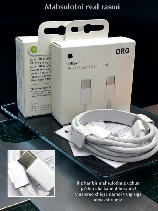 IPhone uchun Type-C to Type-C kabel 60W iPhone Zaryadchik USB-C - iPhone 15, 16, 17, 18 uchun - 