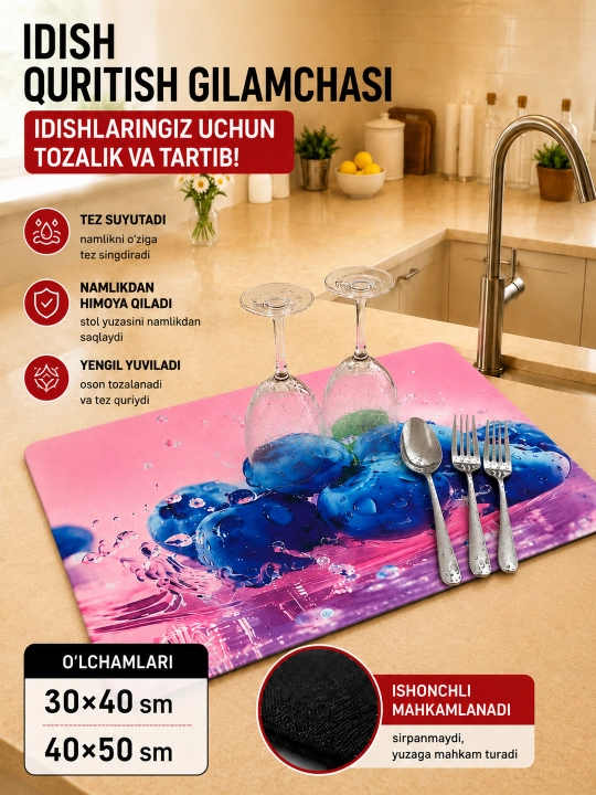 Idishlarni quritish uchun oshxona gilamchasi, namlikni tez yutuvchi - 