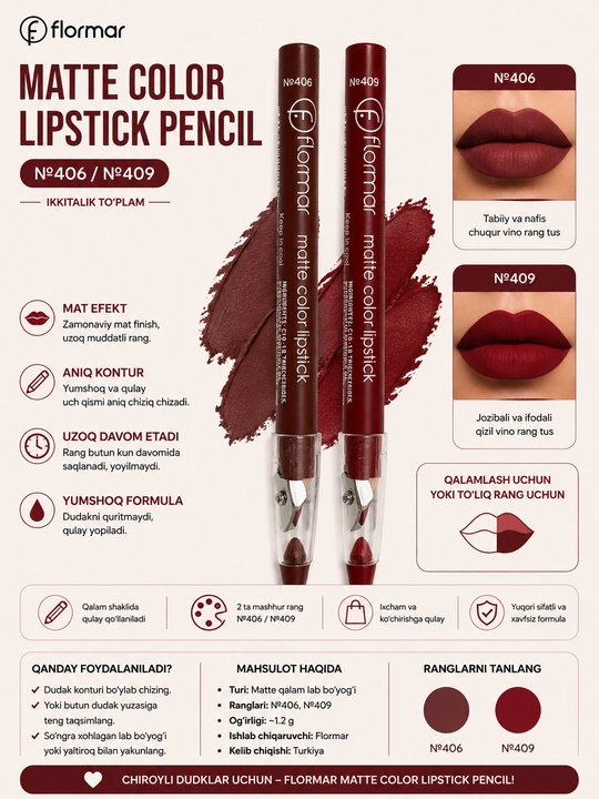 Flormar Matte Color Lab uchun mat qalam-lab bo‘yog‘i, №406 va №409, 2 talik to‘plam - 
