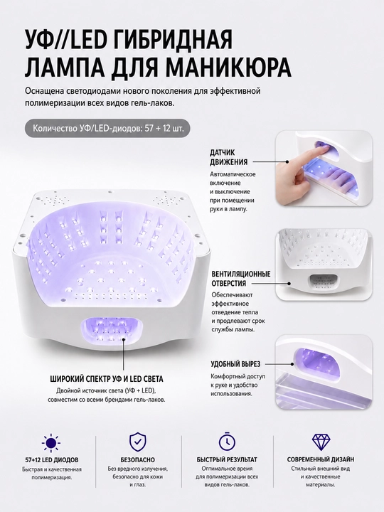 UV/LED лампа для маникюра 72W,57+12 LED отдельная зона для большого пальца, сенсор, таймер