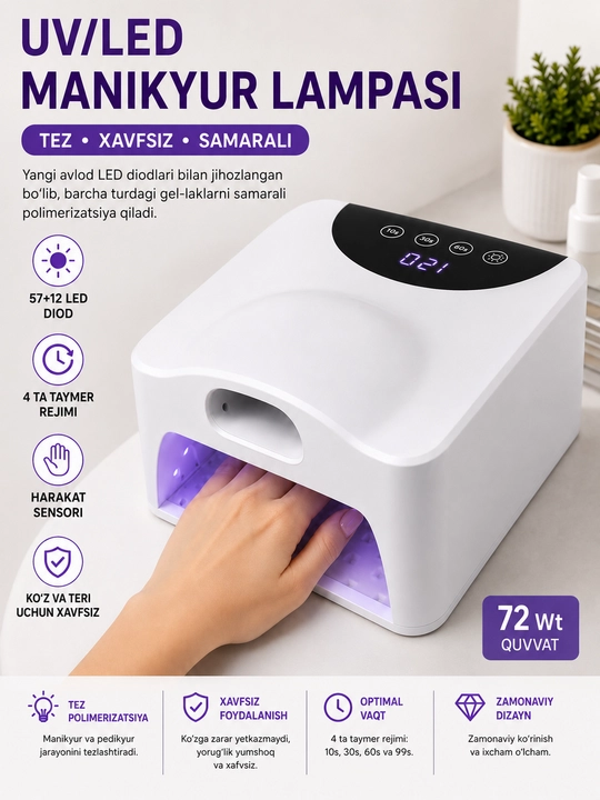 UV/LED лампа для маникюра 72W,57+12 LED отдельная зона для большого пальца, сенсор, таймер