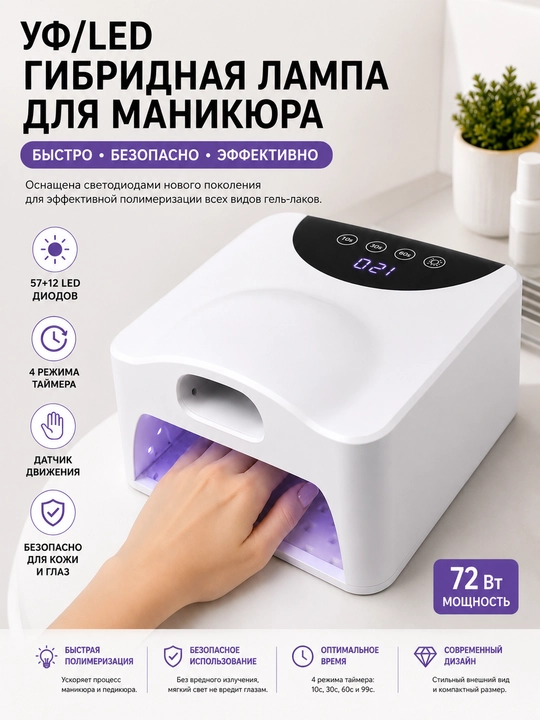 UV/LED manikyur lampasi 72W, 57+12 LED, bosh barmoq uchun alohida zona, sensor va taymer - 