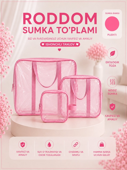 Tug‘ruqxona uchun sumka, ona va chaqaloq uchun 3 talik to‘plam, shaffof organizator - 