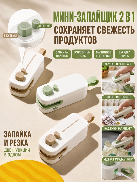 Oziq-ovqat paketlarini portativ kavsharlovchi, pichoq bilan, qo‘lda qadoqlovchi, 2 ta 1 da, magnitli