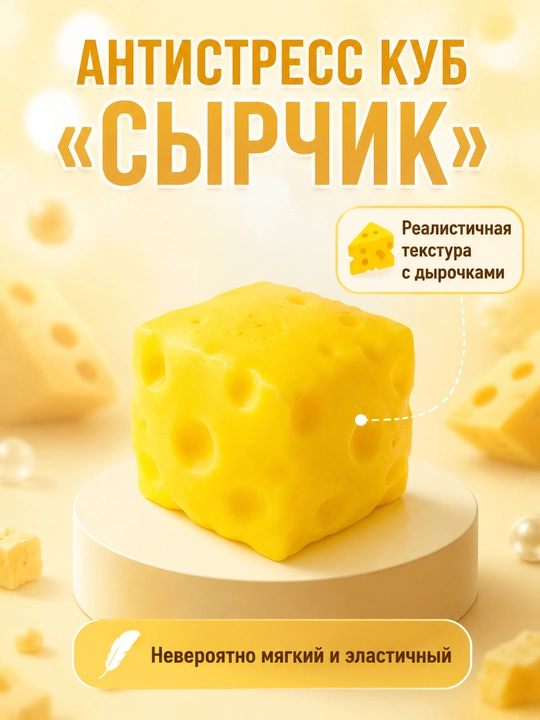 Антистресс куб «Сырчик» гелевый, сквиш игрушка в форме сыра, 5 х 5 см - 