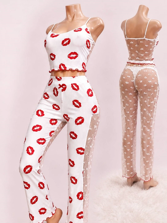 Ayollar uchun zamonaviy pijama to‘plami – mayka va shim, lab naqshli - 
