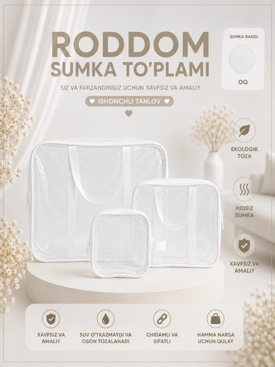 Tug‘ruqxona uchun sumka, ona va chaqaloq uchun 3 talik to‘plam, shaffof organizator - 