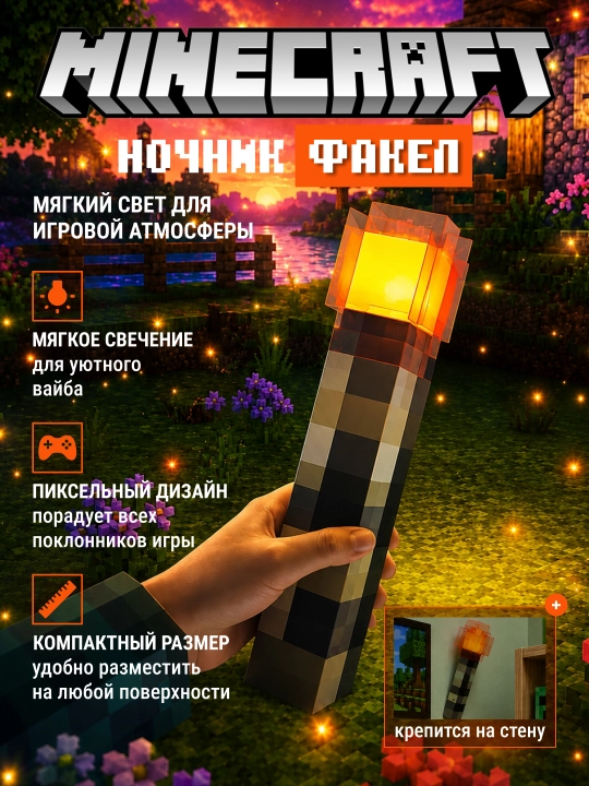 Minecraft LED tungi chiroq-fakel, dekorativ yoritgich maynkraft mario - 