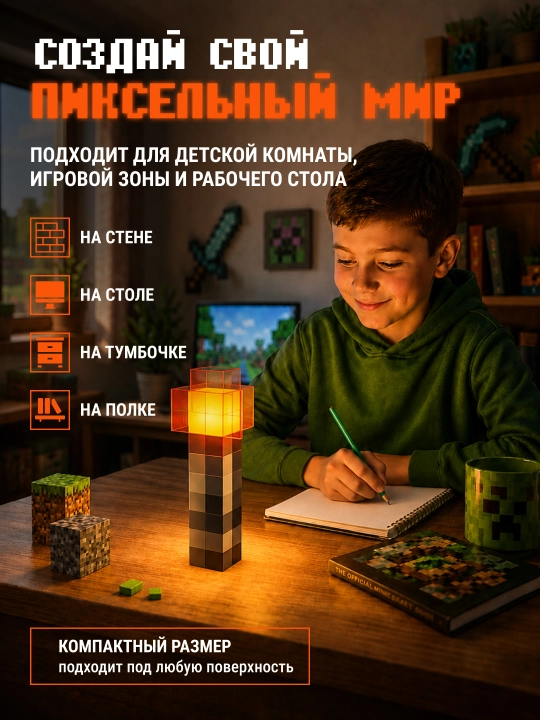 Minecraft LED tungi chiroq-fakel, dekorativ yoritgich maynkraft mario