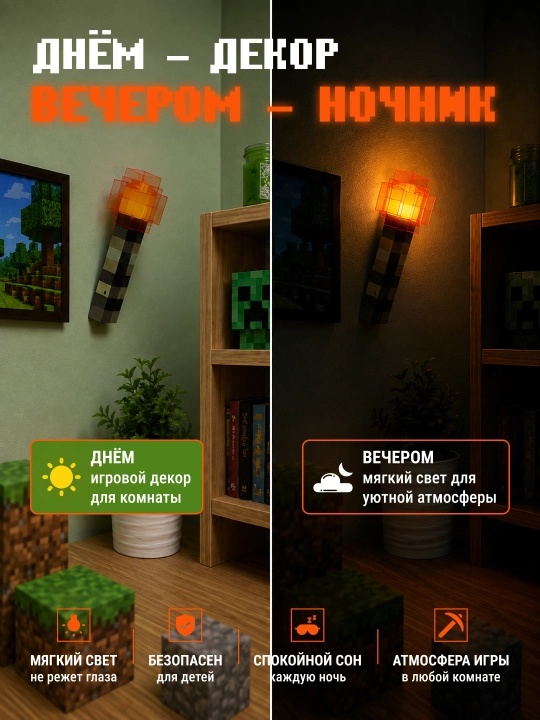 Minecraft LED tungi chiroq-fakel, dekorativ yoritgich maynkraft mario