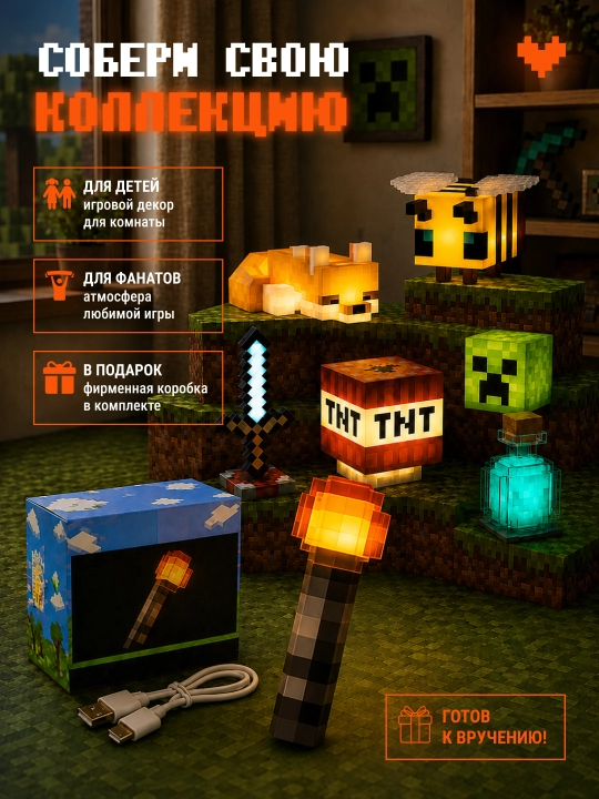 Minecraft LED tungi chiroq-fakel, dekorativ yoritgich maynkraft mario