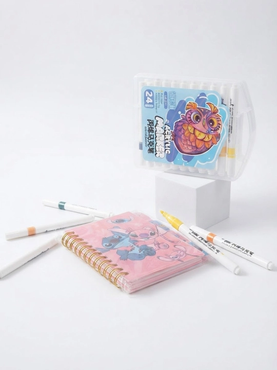 Ijod uchun to‘plam: Lilo va Stitch bloknoti + 24 rangli akril markerlar - 