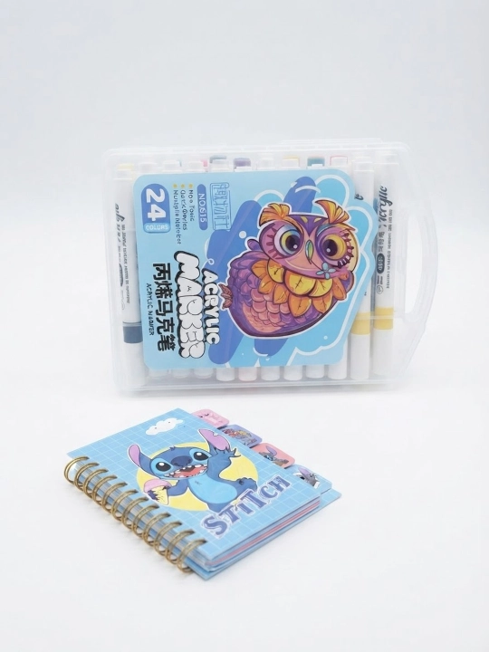 Ijod uchun to‘plam: Lilo va Stitch bloknoti + 24 rangli akril markerlar - 